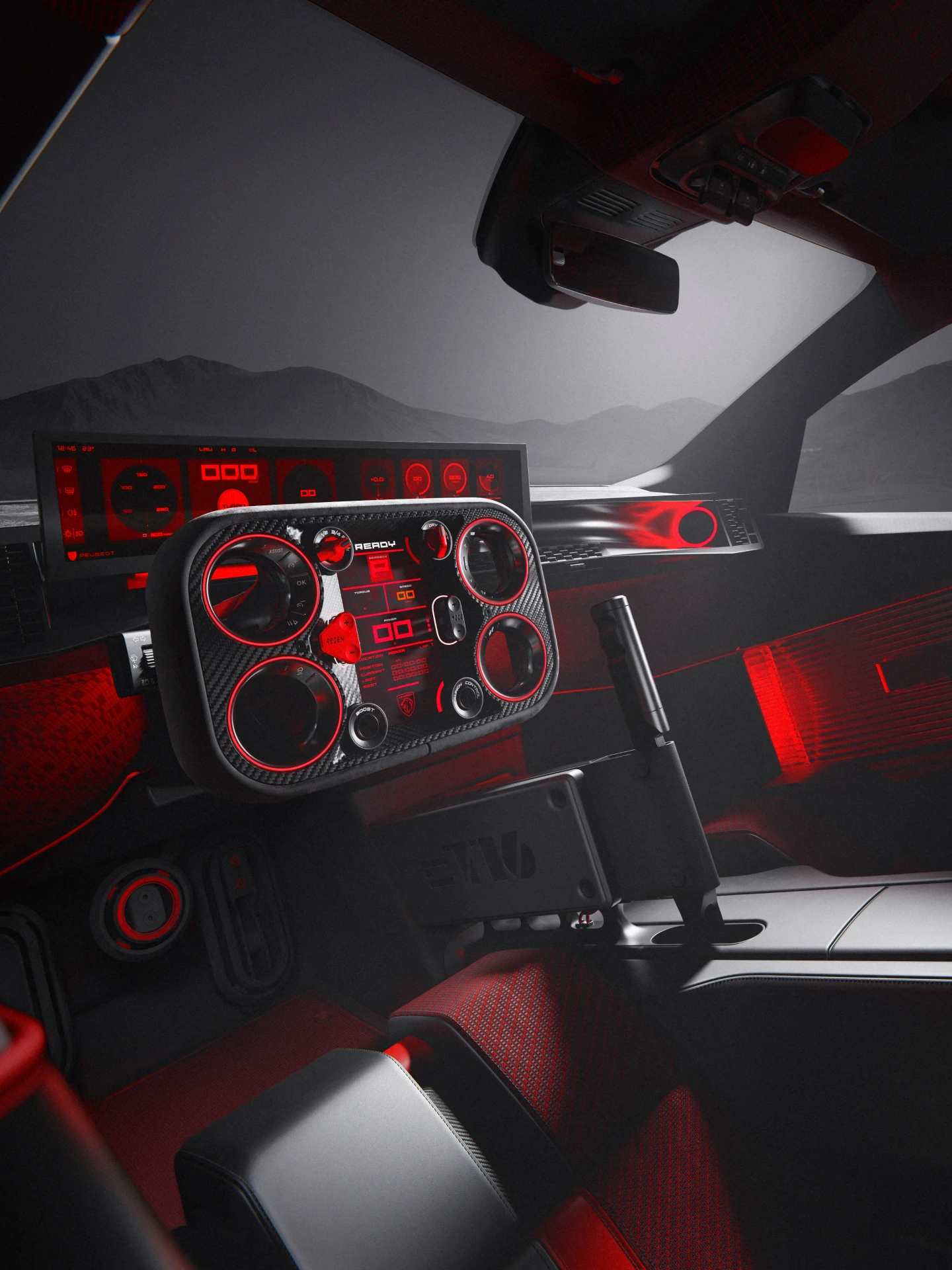 PEUGEOT E‑T16 Concept, cyfrowy PEUGEOT i‑Cockpit® nowej generacji z kierownicą Hypersquare® stworzoną z myślą o osiągach