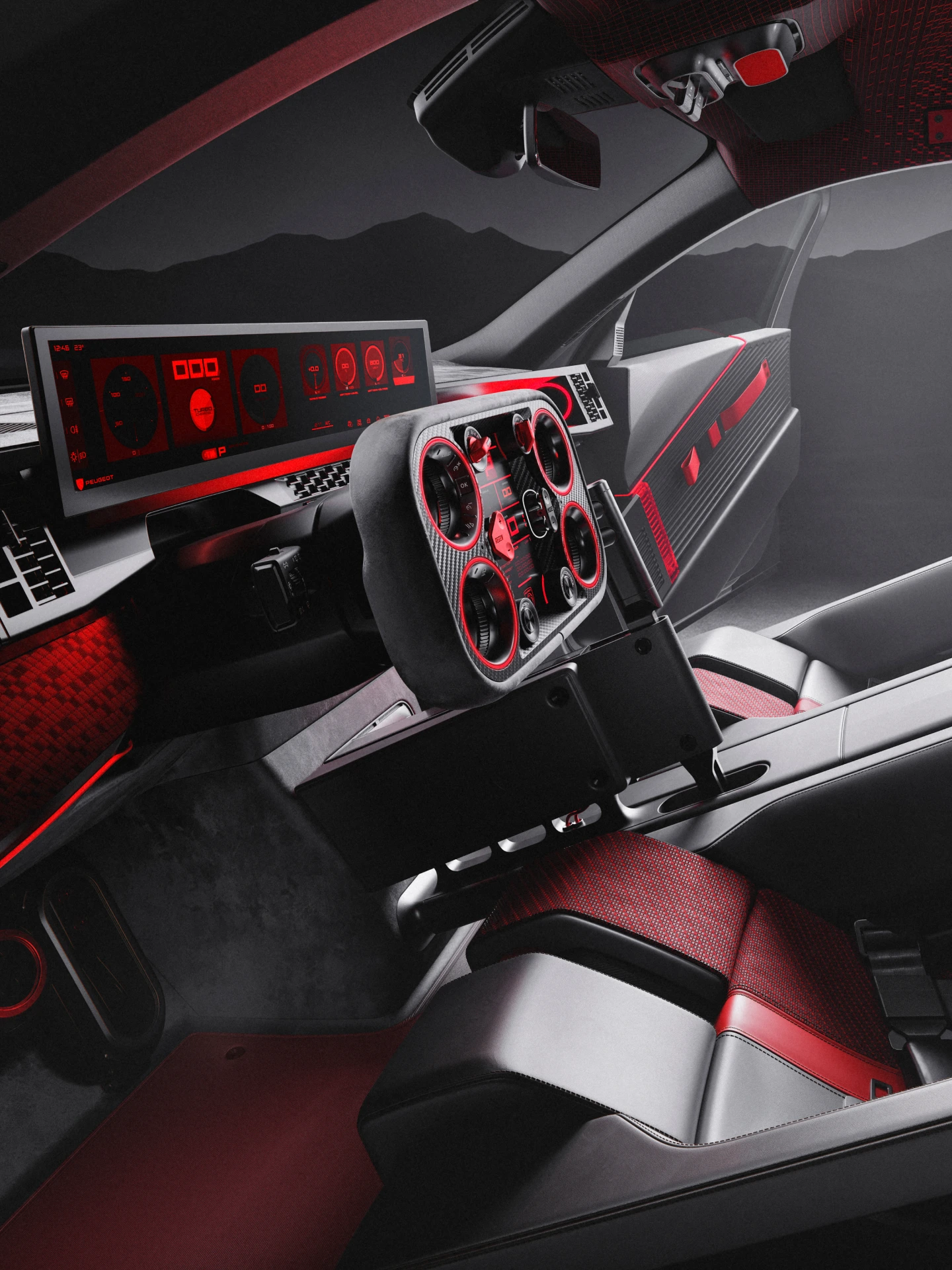 PEUGEOT E‑T16 Concept, cyfrowy PEUGEOT i‑Cockpit® nowej generacji z kierownicą Hypersquare® stworzoną z myślą o osiągach