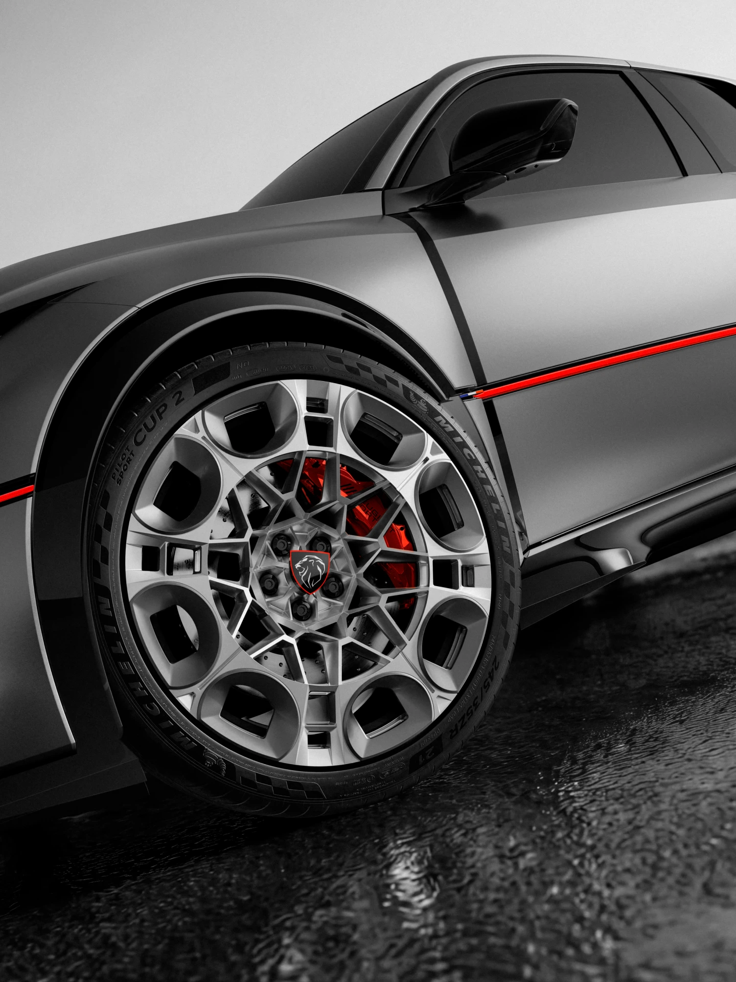 PEUGEOT E‑T16 Concept, nadwozie w kolorze Matt Winchester Grey z czerwonymi akcentami